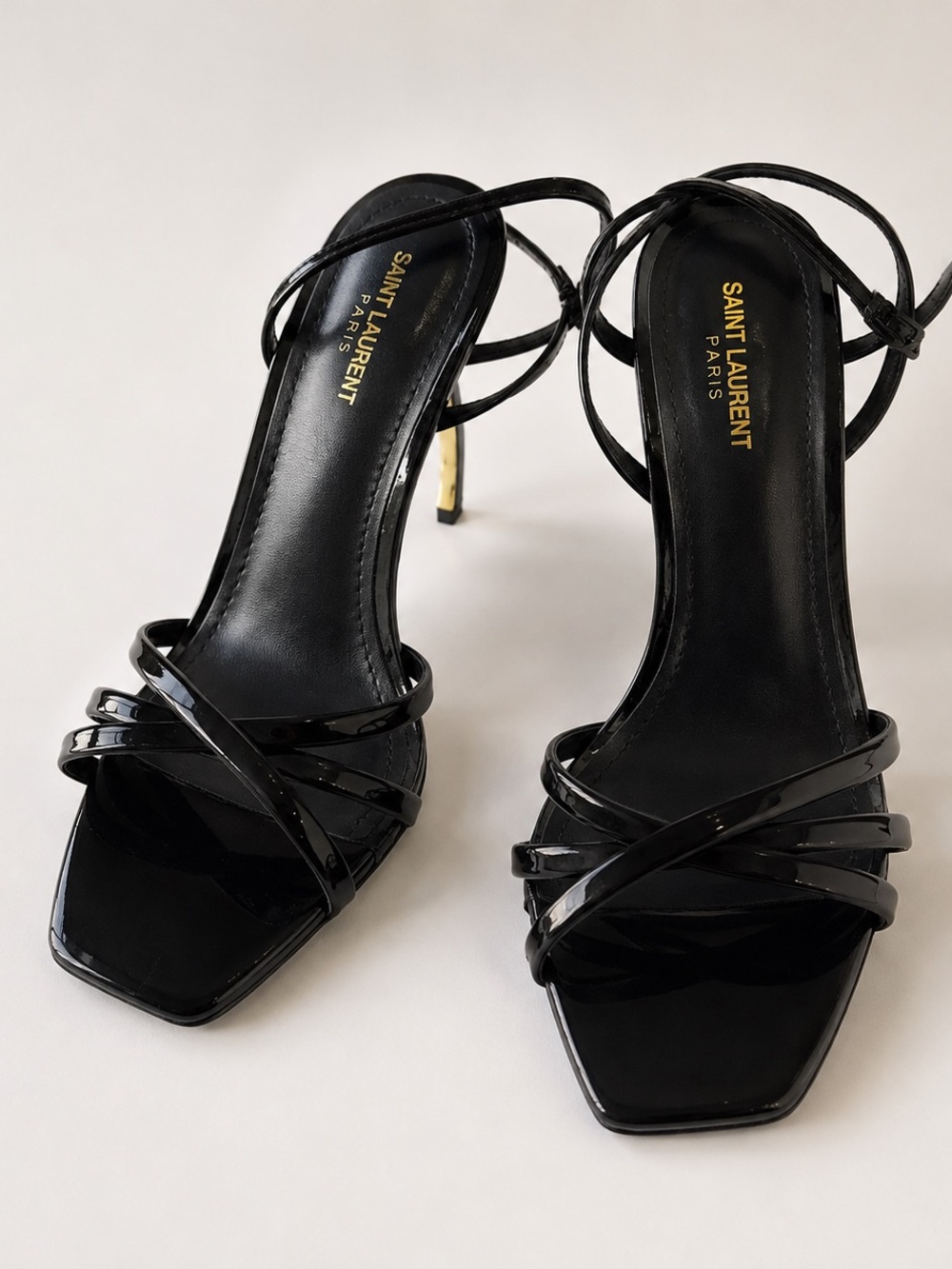 Saint Laurent Black Patent Leather Strappy Square-Toe Heels